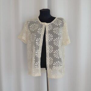 Vintage Cream Crochet Knit Lace Short Sleeve Top Sz M